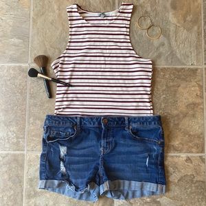Maroon and White Striped Cropped Tank Top